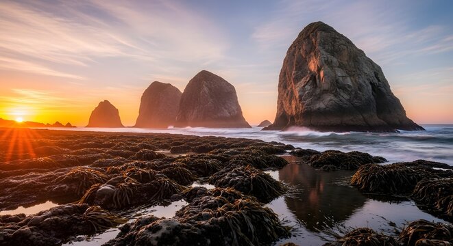 Sunrise over dramatic coastal sea stacks and tide pools