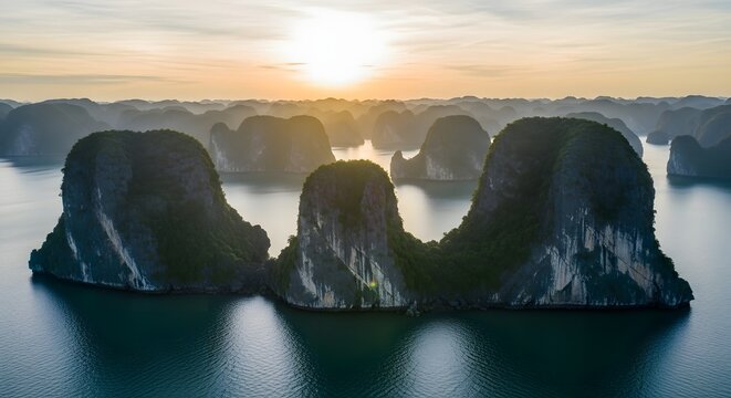 Sunrise over Limestone Karst Islands in Ha Long Bay Vietnam