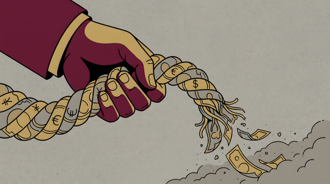 Hand wringing currency rope with dollar euro yen sign squeezing out money financial pressure