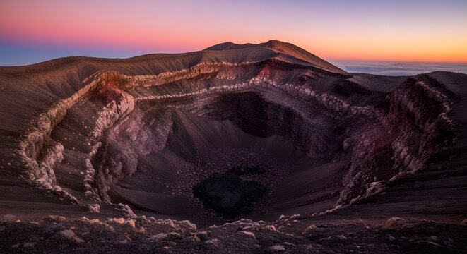 Sunset panoramic view of deep volcanic caldera rim