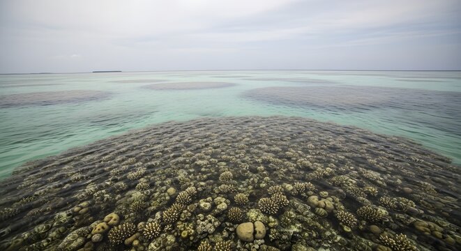Underwater coral reef panorama tropical shallow clear blue water