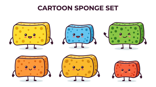 Set of cute colorful cartoon sponge characters with happy faces vector illustration isolated on white background