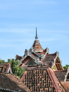 Iconic Tiered Javanese Roof With White Ornate Chofa Over Historic Heritage House In Kotagede, Yogyakarta, Indonesia