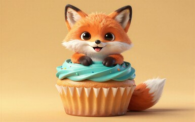 Fototapeta premium Adorable fox peeking from a colorful cupcake with cheerful expression.
