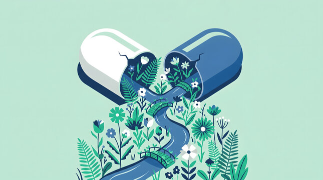 Cracked open medicine capsule with lush flower garden river pathway and bridge spilling out below