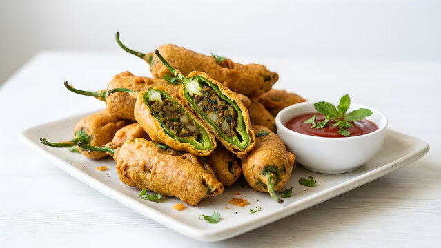 Mirchi Vada Indian street food, crispy stuffed chili fritters on white plate, spicy Rajasthani Jodhpuri Mirchi Bada with tomato chutney