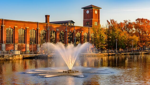 Historic Red Brick Textile Mill with Clock Tower and Fountain.