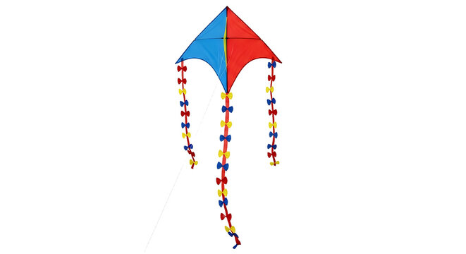 Vibrant diamond kite with long decorative tails isolated on white background
