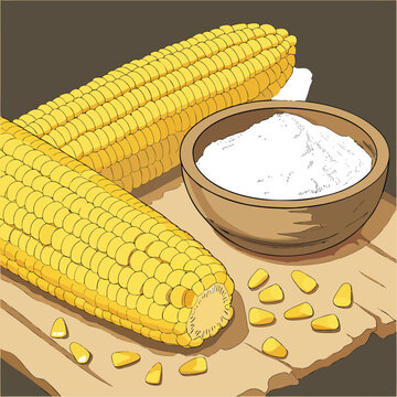 Natural Agriculture Scene with Sweet Corn Cobs and Fine Cornstarch in Wooden Bowl.