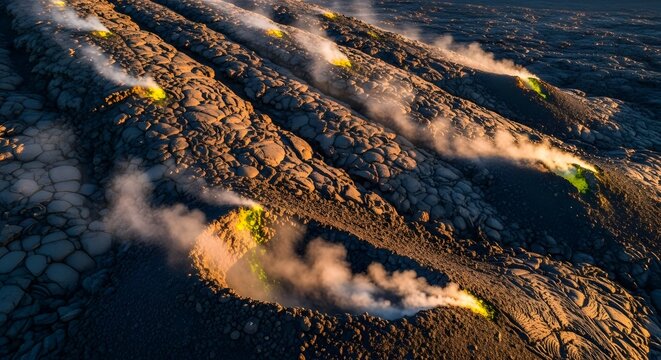 Volcanic activity on cracked earth with rising steam and smoke