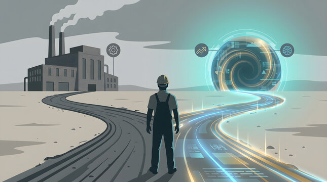 Worker standing at crossroads between old factory and glowing digital future portal