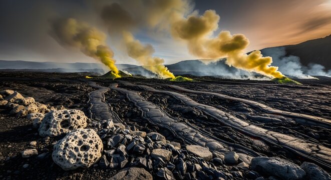 Volcanic activity steam plumes across rugged desolate landscape