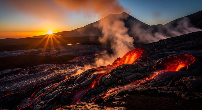 Volcanic eruption steam over black lava flow sunrise view