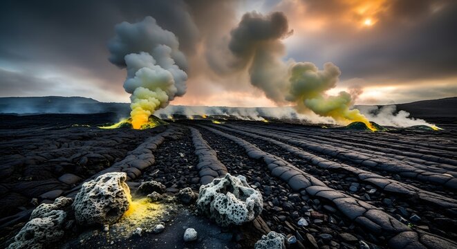 Volcanic eruption steam plumes over dark lava field landscape