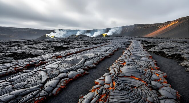 Volcanic geothermal landscape steam on black sand