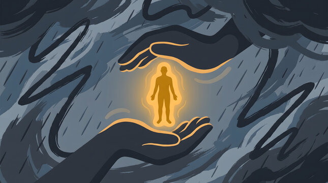 Glowing human figure held between two large protective hands in dark storm