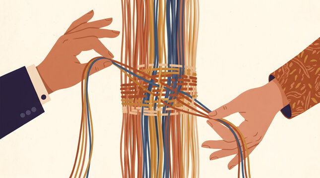 Two hand weaving colorful thread bundle together showing cooperation and unity