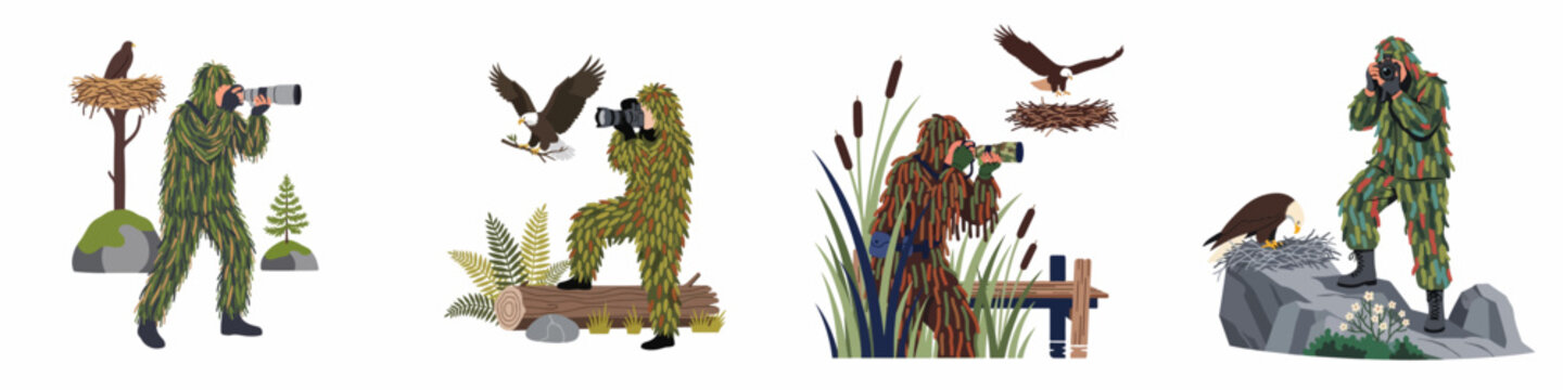 Collection of flat vector illustrations featuring wildlife photographers in camouflage ghillie suits observing and photographing bald eagles in various natural habitats.