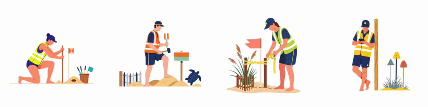 Vector illustration of coastal conservation workers protecting sea turtle nesting sites and sand dunes on a sunny beach.