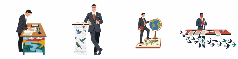 Set of illustrations depicting a man in a suit handling global affairs, international treaties, and nature conservation themes © Aldi