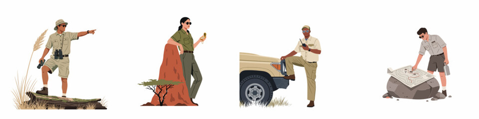 Flat illustration set of safari explorers and guides equipped with binoculars, compass, and maps for an African savanna adventure expedition. © Aldi