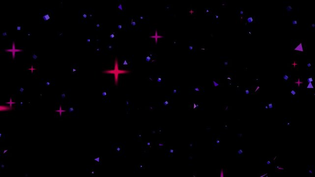 Abstract purple geometric shapes and glowing stars falling through dark space motion background creating dynamic celestial atmosphere with colorful particles and 3d cubes floating.