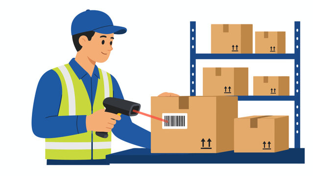 Warehouse worker scanning barcode on a box with shelves in the background