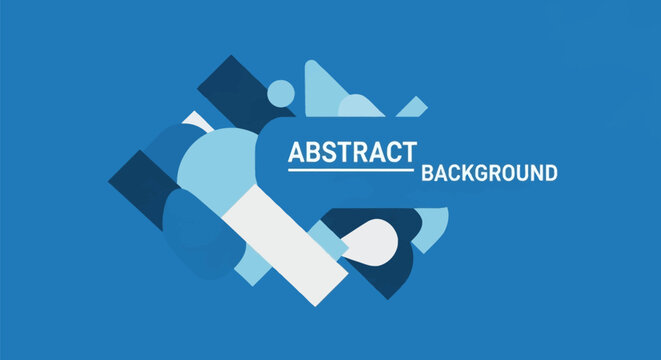 Abstract blue background with a central geometric composition of rectangles, circles, and rounded shapes in navy, light blue, and white with the text "ABSTRACT BACKGROUND".