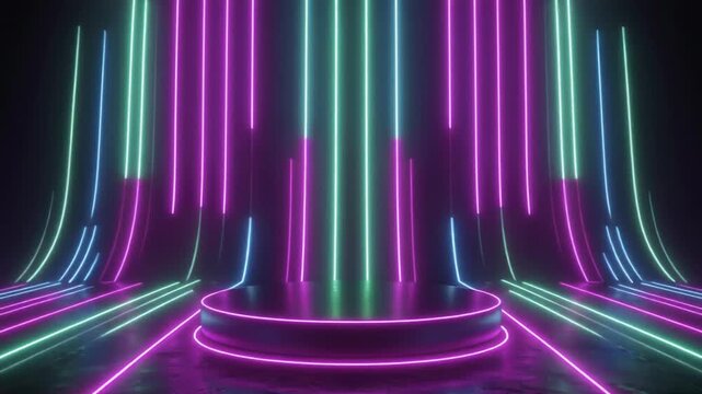 Neon Podium Stage Abstract Background with Purple Blue Green Lights
