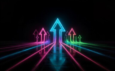 Fototapeta premium Neon arrows blaze forward on glowing pathways symbolizing progress