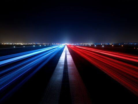 Airport runway with blue and red light trails at night