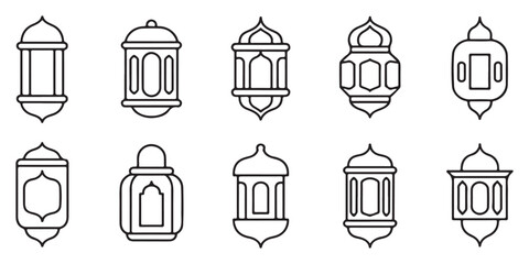 Ramadan kareem lantern line art icons for islamic festivals and cultural decorations minimalist vector set of traditional lamps for holiday branding. © MONSUR.99
