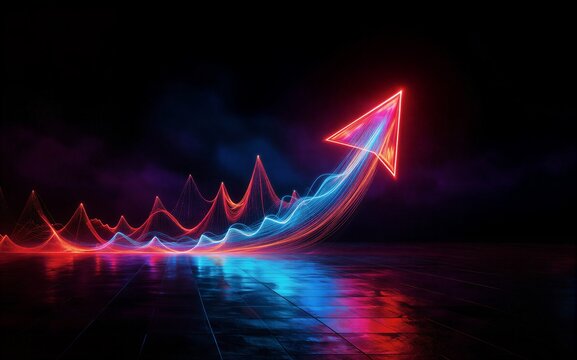 Neon arrow soars above glowing waves symbolizing upward growth