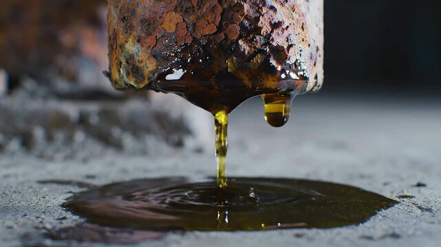 Rusty Pipe Dripping Oily Liquid Onto Concrete Surface