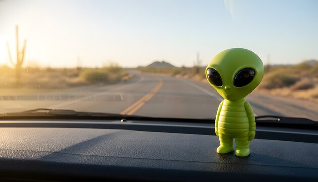 Green alien toy sitting on car dashboard while traveling through desert landscape for World UFO Day concept, showcasing extraterrestrial travel and scifi adventure