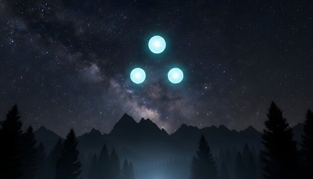 Mysterious glowing lights in night sky over mountain forest for World UFO Day concept representing unidentified flying objects or alien visitation in a celestial landscape