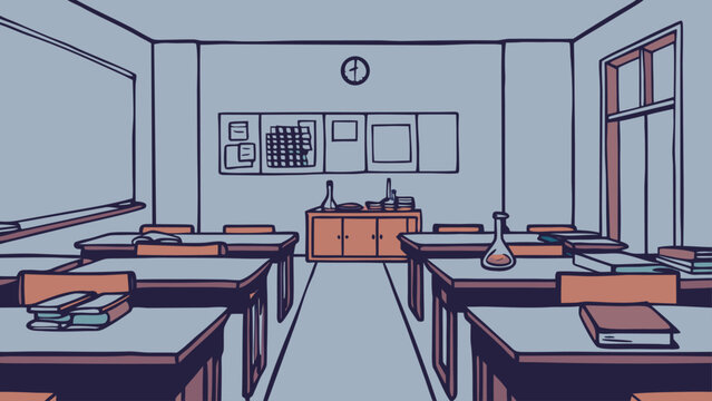Flat vector illustration of an empty classroom featuring wooden desks, chairs, and multiple wall clocks showing different times.