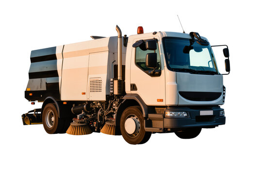 Isolated modern municipal street sweeper truck with rotating brushes for urban sanitation service