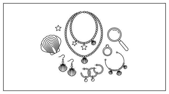 Jewelry collection vector line art featuring ocean shells and stars.