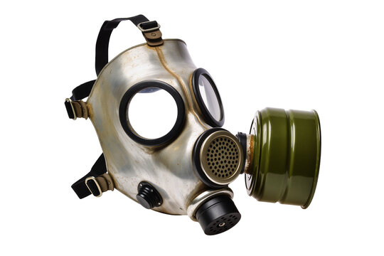 Isolated vintage metallic gas mask with green filter, protective equipment for hazardous air.