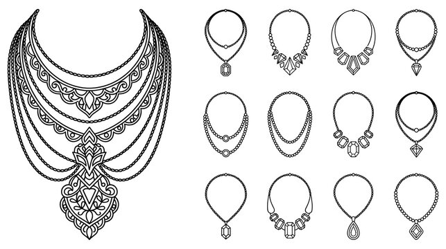 Elegant necklace jewelry collection set vector line art illustrations.