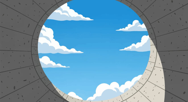 Worm's-eye view looking up from the interior of a cylindrical concrete tunnel or manhole toward a circular opening revealing a clear blue sky with stylized white clouds.