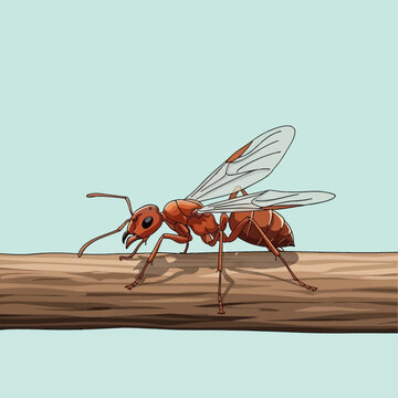 Vector illustration of a red winged ant queen alate perched on a horizontal wooden branch, featuring detailed anatomy, mandibles, and translucent wings against a blue background.