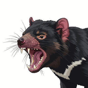 Detailed vector illustration of an aggressive Tasmanian devil with mouth open snarling to reveal sharp teeth and pink tongue, isolated profile view on white background.