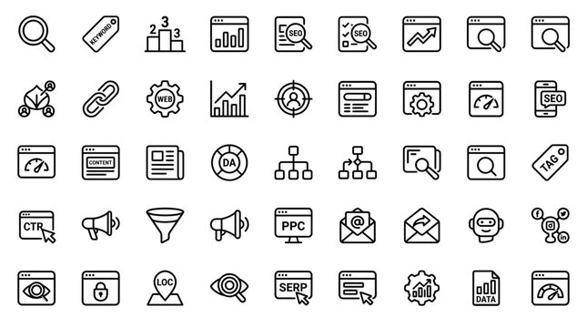 Search engine optimization and digital marketing line icon set.
