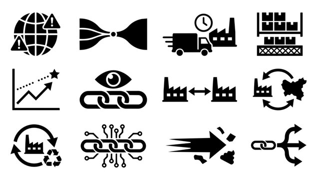 Supply Chain Risk and Optimization Silhouette Set &ndash; Resilience, Lean, Agile Logistics Icons