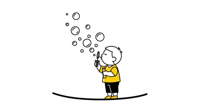 Simple Line Drawing of a Boy Blowing Bubbles.