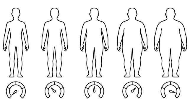 Thin line body mass index bmi scale icons with outlines for designs.