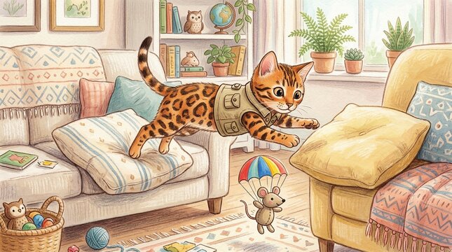 Bengal Kitten Wearing Tactical Vest Jumping Over Living Room Sofa