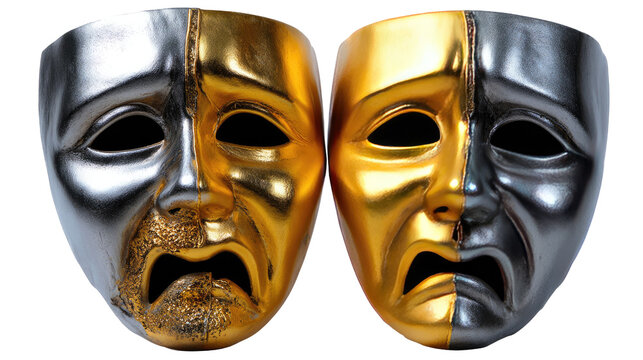 Tragedy and Comedy Masks: A striking visual representation of the duality of human emotion, featuring classic theatrical masks contrasting a mournful face with a distressed expression.